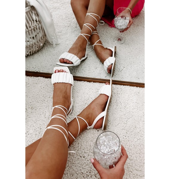 Brenda Ruched Ankle Wrap Sandals (White)