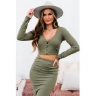 A  Appreciation Long Sleeve Button-Front Crop Top (Olive)