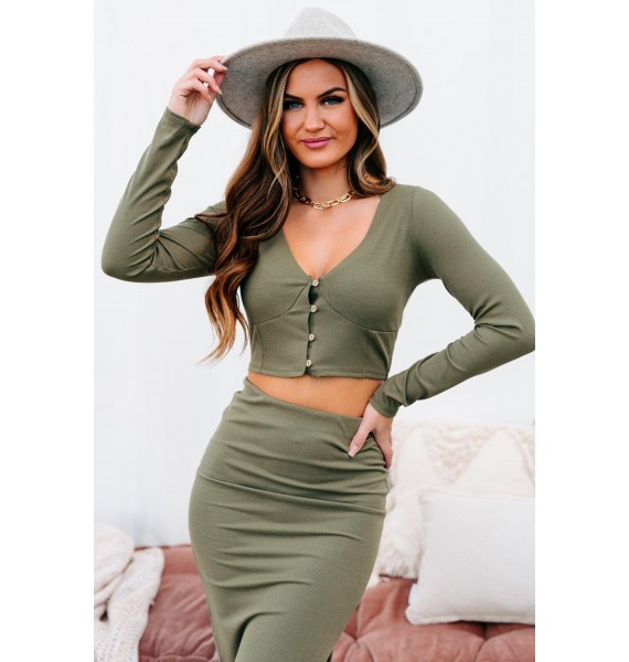 A  Appreciation Long Sleeve Button-Front Crop Top (Olive)