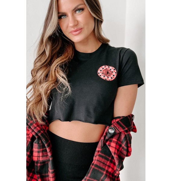 Monogrammed Hearts Raw Hem Graphic Crop Tee (Black) - Print On Demand