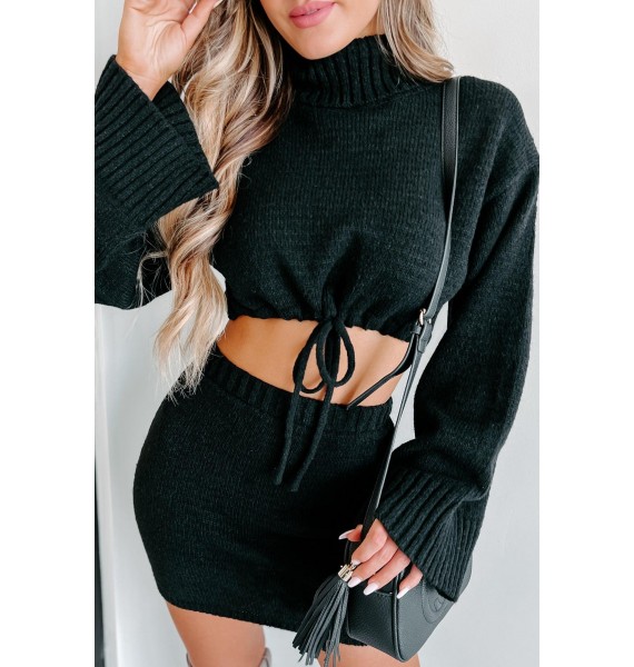 Change In The Weather Sweater Knit Crop Top & Skirt Set (Black)