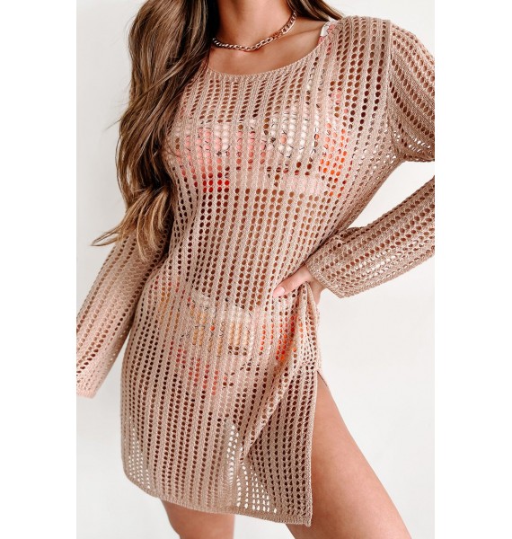 Sunny Outlook Crochet Swim Cover Dress (Taupe)