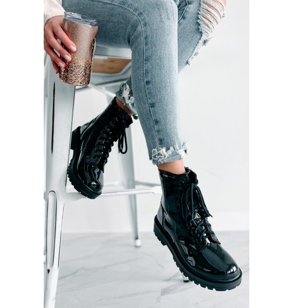 Sticking Firm Patent Combat Boots (Black)