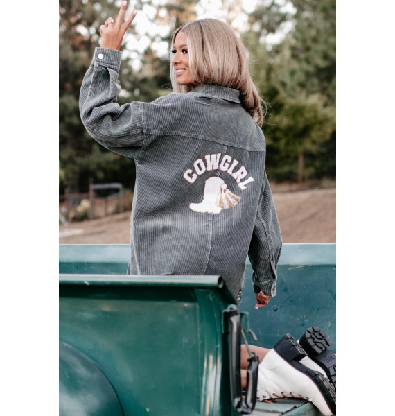 Cowgirl Please Corduroy Patch Distressed Shacket (Grey)