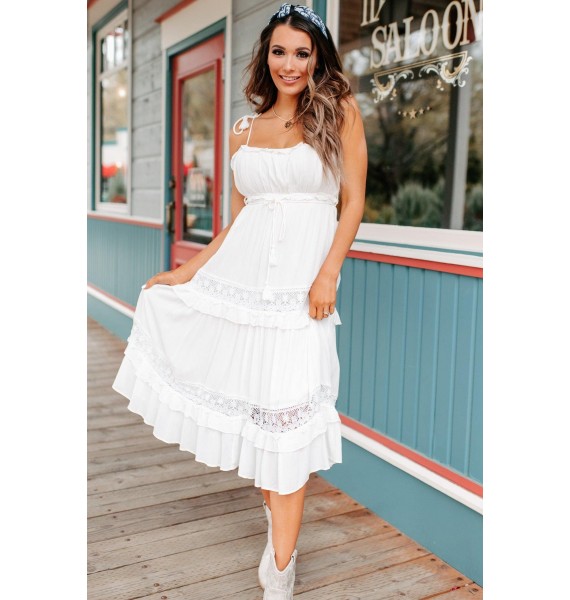 Effortlessly Beautiful Tie-Shoulder Tiered Lace Midi Dress (White)