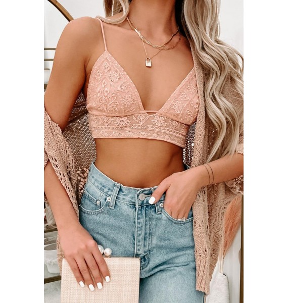 Leave You Wondering Floral Embroidered Mesh Bralette (Coral)