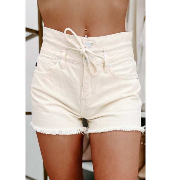 Draw Me In High Rise Drawstring Waist Kancan Shorts (Beige)