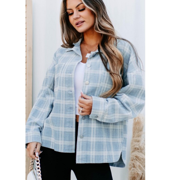 Long Way Around Corduroy Plaid Shacket (Dusty Blue)