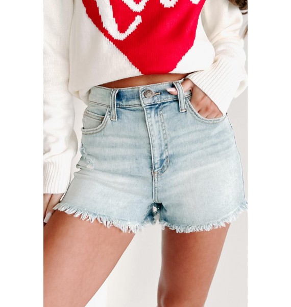 Summer Fun High Rise Sneak Peek Frayed Hem Denim Shorts (Light)