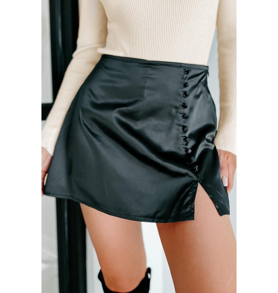 Finally Quitting Time Satin Mini Skirt (Black)