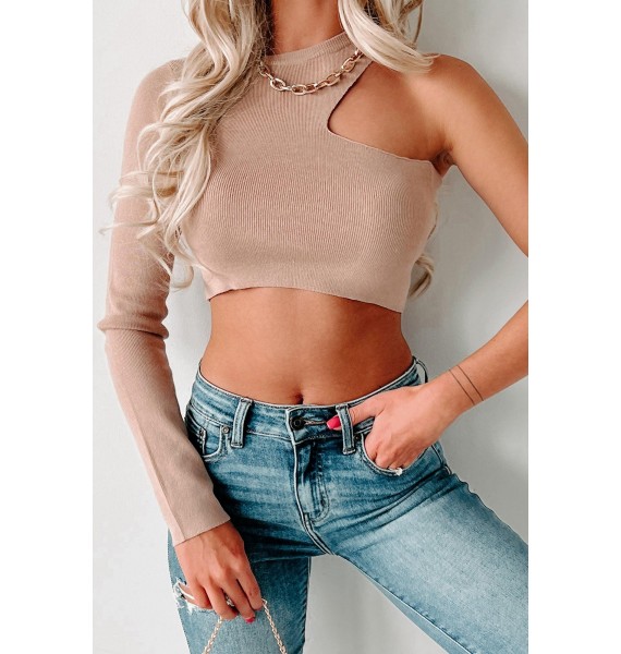 Look Again One Shoulder Knit Crop Top (Taupe)