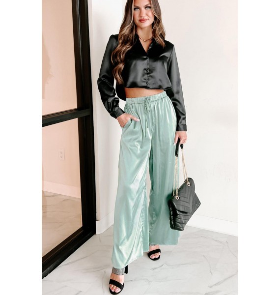 Lost My Way Satin Wide Leg Pants (Mint)