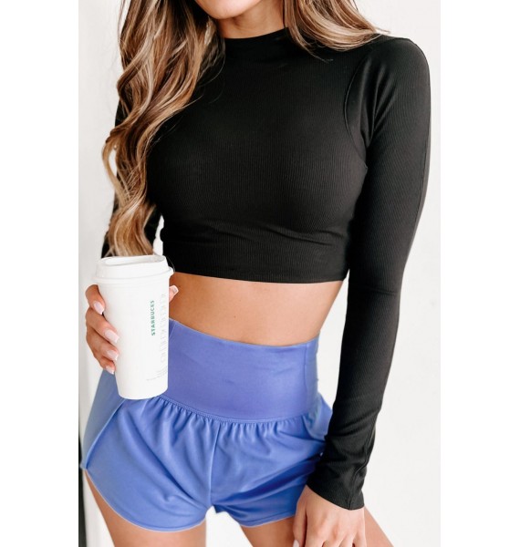 Worth The Effort Ribbed Mock Neck Long Sleeve Crop Top (Black)