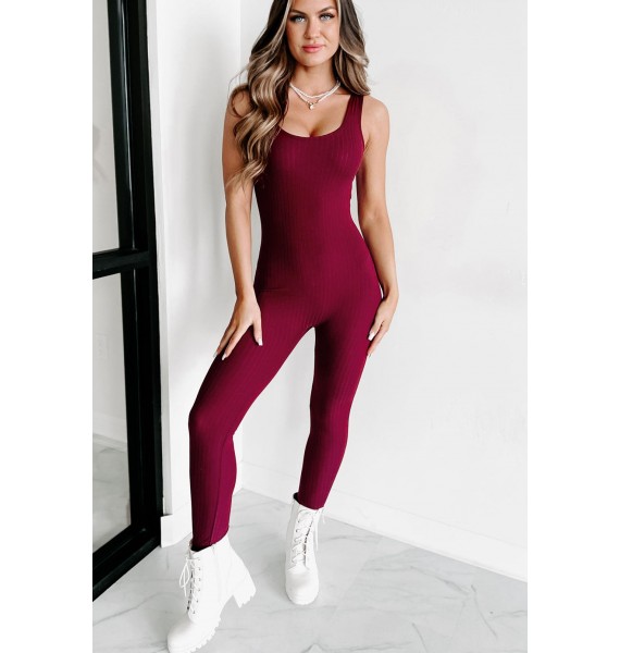 Relaxing Weekend Ribbed Catsuit (Burgundy)