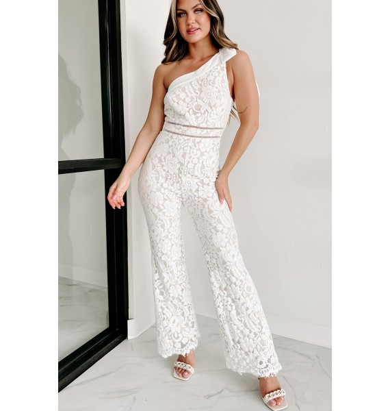 None Can Compare One Shoulder Lace Jumpsuit (White/Nude)