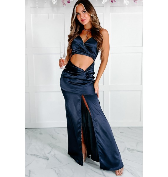 Elevated Sophistication Satin Twist-Front Cut-Out Maxi Dress (Navy)