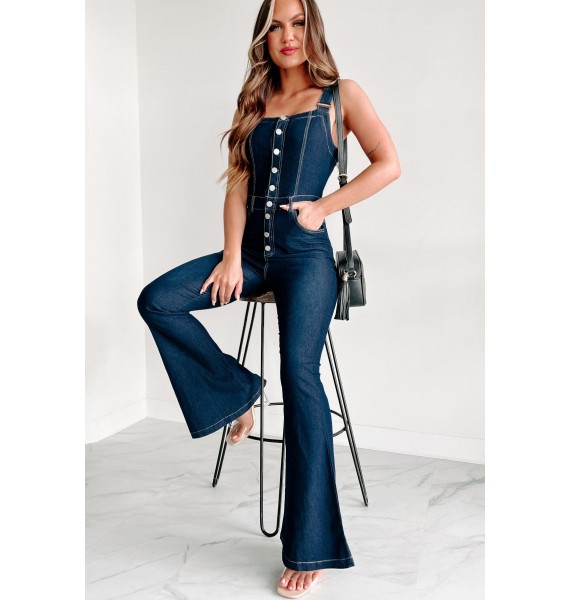 A Great Time Button Front Wide Leg Jumpsuit (Dark Denim)