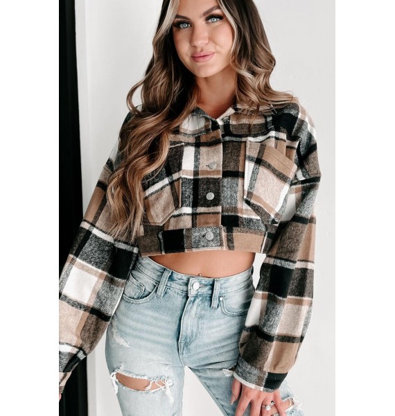 Covering Tracks Plaid Cropped Shacket (Black/Taupe)