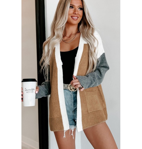 Snowy Days Colorblock Cardigan (Tan/Charcoal/Ivory)