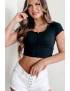 Marty Button-Front Short Sleeve Crop Top (Black)