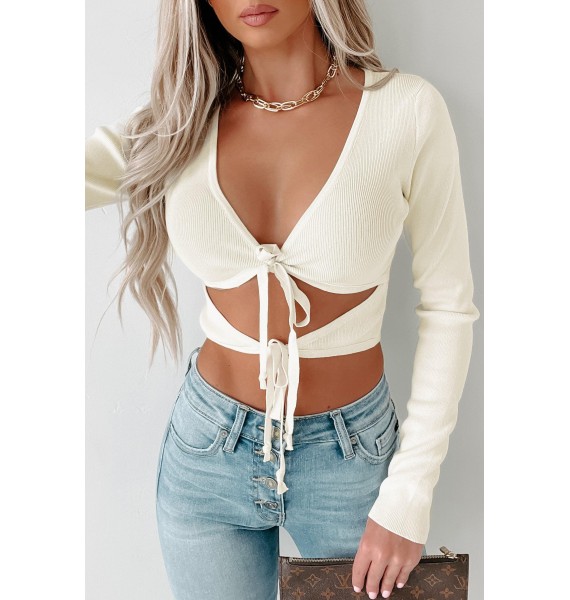 Doubling Down Tie-Front Cut-Out Crop Top (Cream)