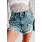 East Meets West Distressed High Rise Sneak Peek Denim Shorts (Medium )