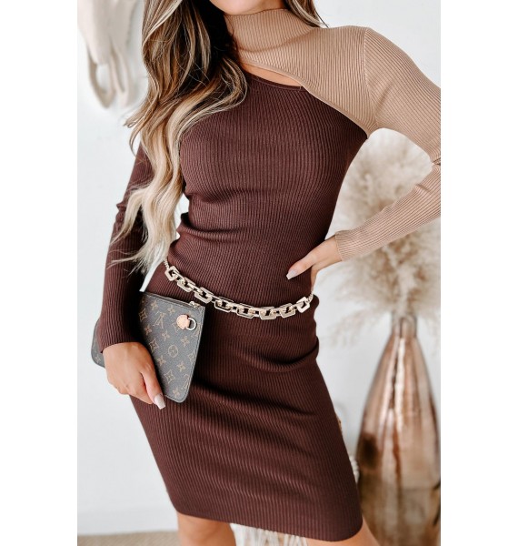 Feeling Like  Ribbed Colorblock Sweater Dress (Chocolate/Camel)