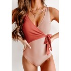 Coastal Cutie Colorblock Wrap One Piece Swimsuit (Rust/Nude)