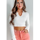 Budding Confidence Collared Long Sleeve Crop Top (White)