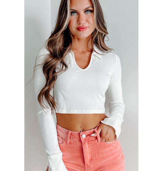 Budding Confidence Collared Long Sleeve Crop Top (White)