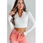 Budding Confidence Collared Long Sleeve Crop Top (White)