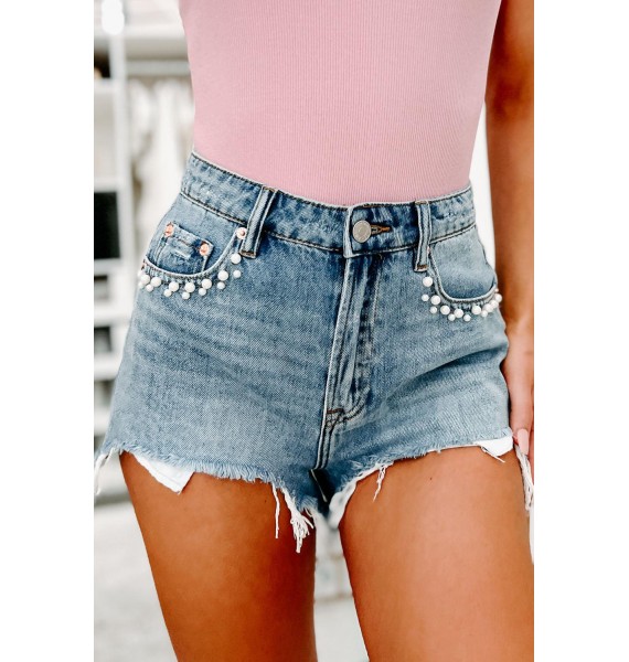 Pearly Perfection High Rise Distressed Pearl Detailed Shorts (Medium/Light)