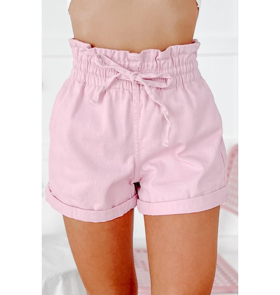 Always Bubbly Drawstring Waist Cuffed Denim Shorts (Pink)