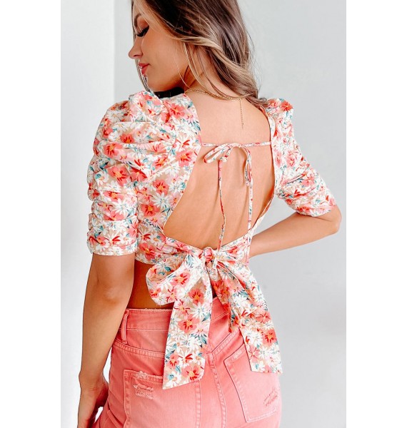 Florally Fabulous Open Back Puff Sleeve Crop Top (Multi)