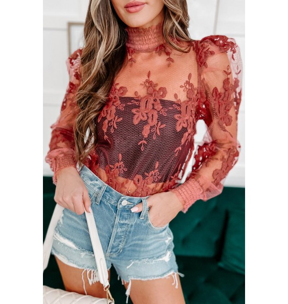 Enamored With You Sheer Mesh Mock Neck Top (Marsala)