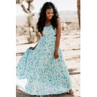 Blooming Into Style Strapless Floral Maxi Dress (White/Aqua Blue)
