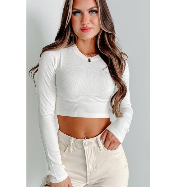 Right Beside You Long Sleeve Ribbed Crop Top (Ivory)