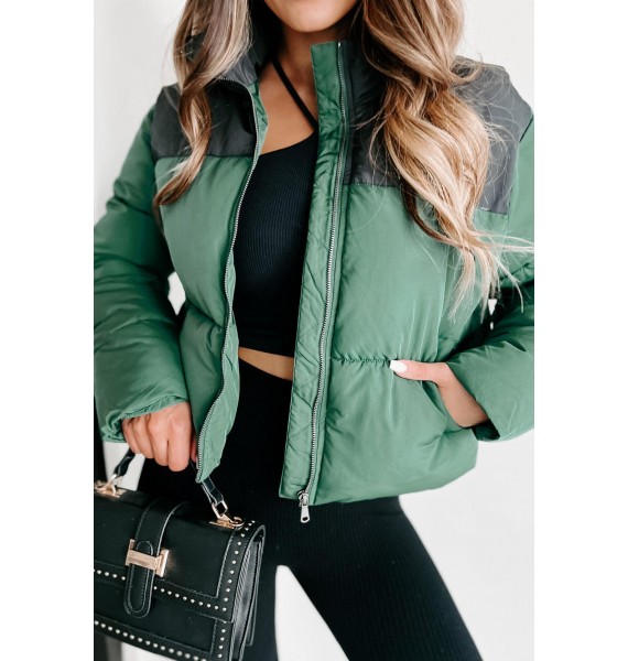 I'm Never Cold Colorblock Puffer Jacket (Hunter Green)