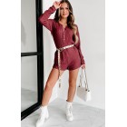 A Night At Home Long Sleeve Waffle Knit Romper (Wine)