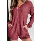 A Night At Home Long Sleeve Waffle Knit Romper (Wine)