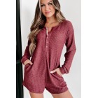 A Night At Home Long Sleeve Waffle Knit Romper (Wine)