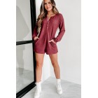 A Night At Home Long Sleeve Waffle Knit Romper (Wine)