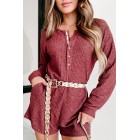 A Night At Home Long Sleeve Waffle Knit Romper (Wine)