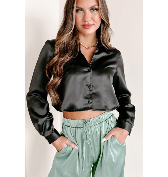 Sleek Sophistication Satin Button-Down Crop Top (Black)