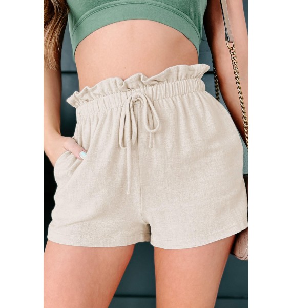 Boardwalk Avenue Ruffled Waist Linen Shorts (Oatmeal)