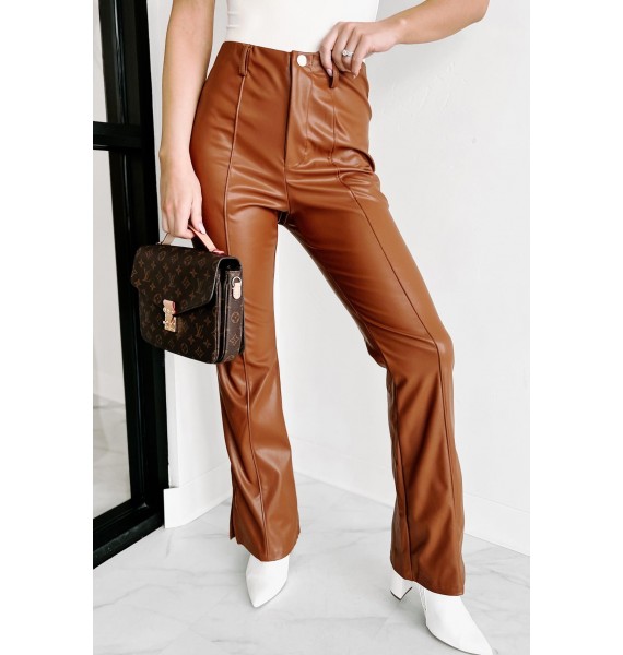 Kimora Split Flare Faux Leather Pants (Cognac)