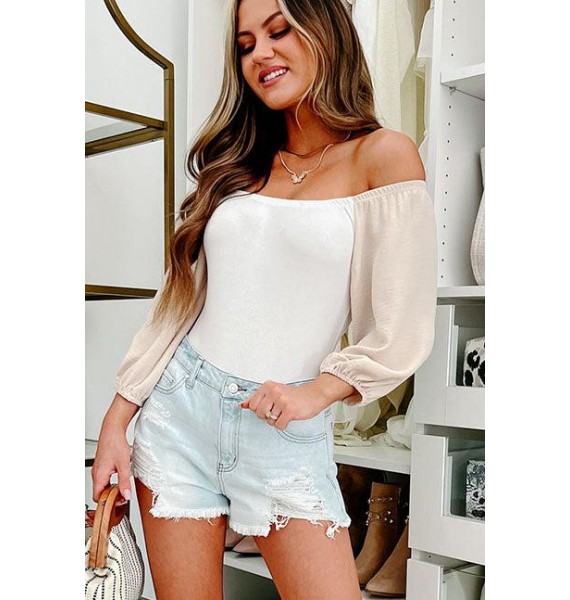 No More Doubts Off The Shoulder Contrast Sleeve Bodysuit (Off White/Sand)