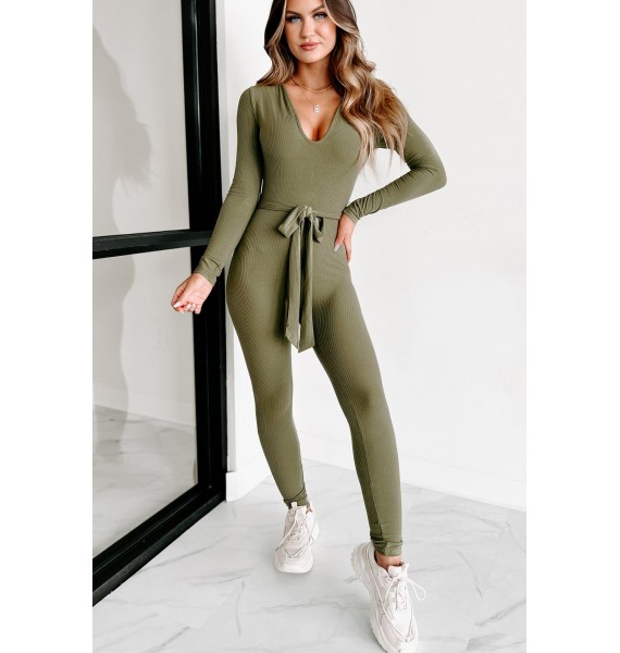 Don't Worry About Me Ribbed Jumpsuit (Olive)