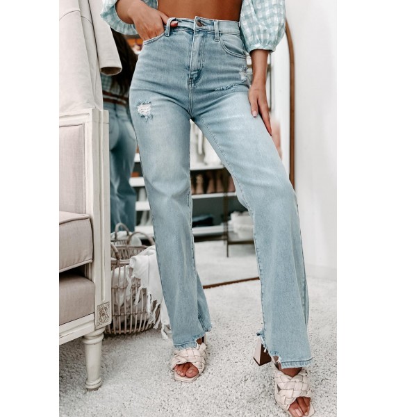 Live For The Moment Distressed Wide Leg Jeans (Light)