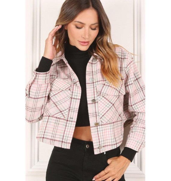 Time Goes By Plaid Crop Jacket (Pink)